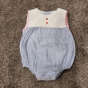 Baby Bubble Romper Blue White Stripe Red Trim Buttons Size 6 Months